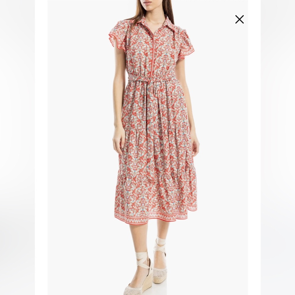 Floral Button-Front Midi Dress in Coral
